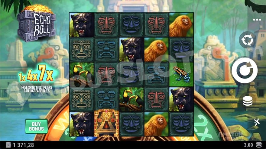 Five reels with five rows in front of a temple.