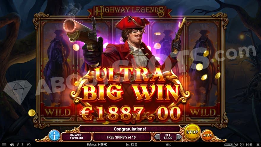 A robber pointing his gun towards the screen and a text saying "Ultra big win, €1887.00."