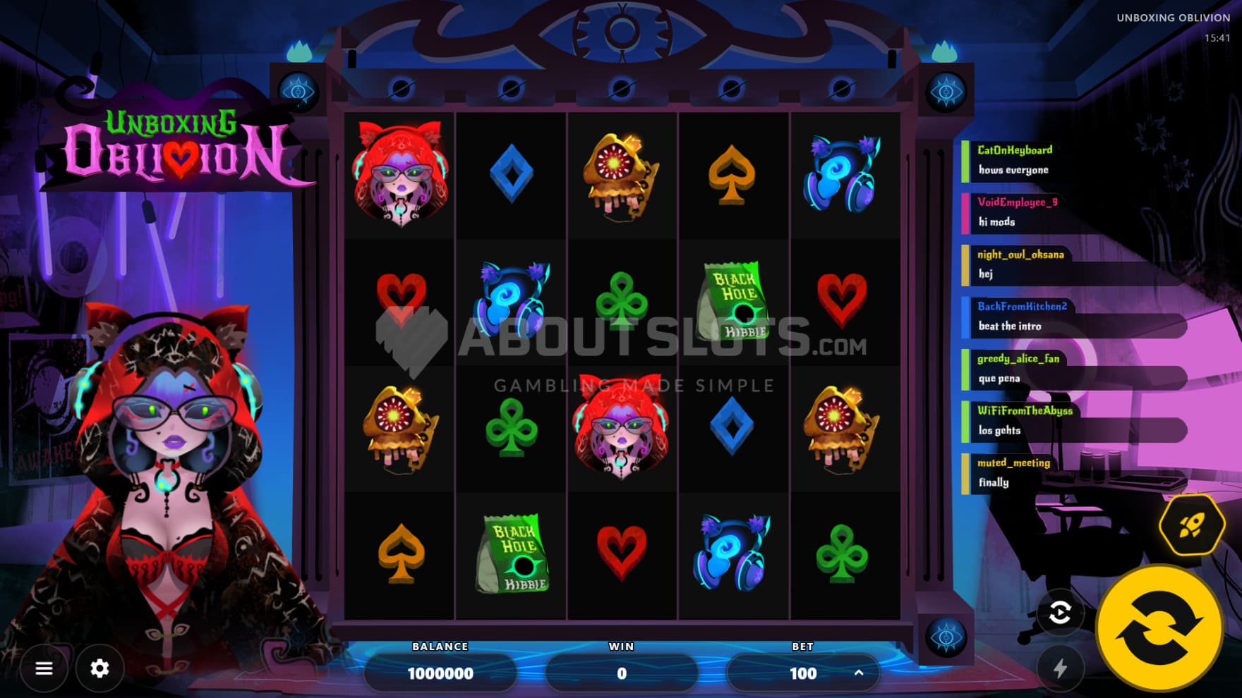 The occult-themed streamer sits at the bottom left next to the playing grid, reading her chat feed, which can be seen to the right of the playing grid continously scroll