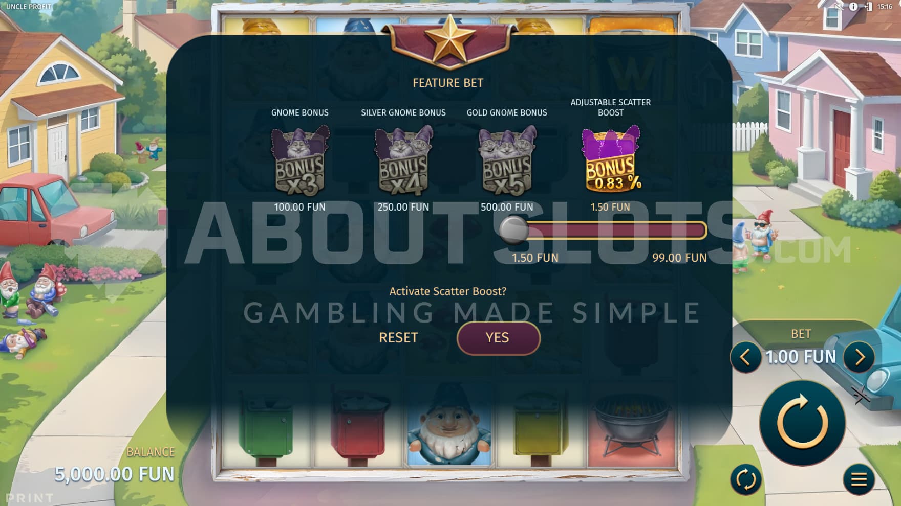 A feature Buy option sign sits infront of the playing grid with a adjustable scatter feature buy