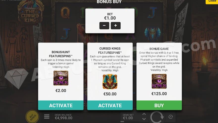 A menu offering the Free Spins and other features for between 2X and 125X the bet.