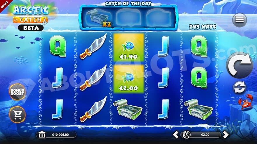 A casino slot with five reels in an underwater setting.