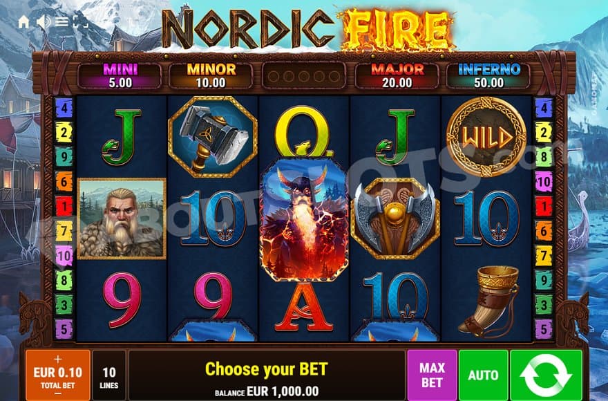 A snowy Viking village with the casino slot reels in the middle.