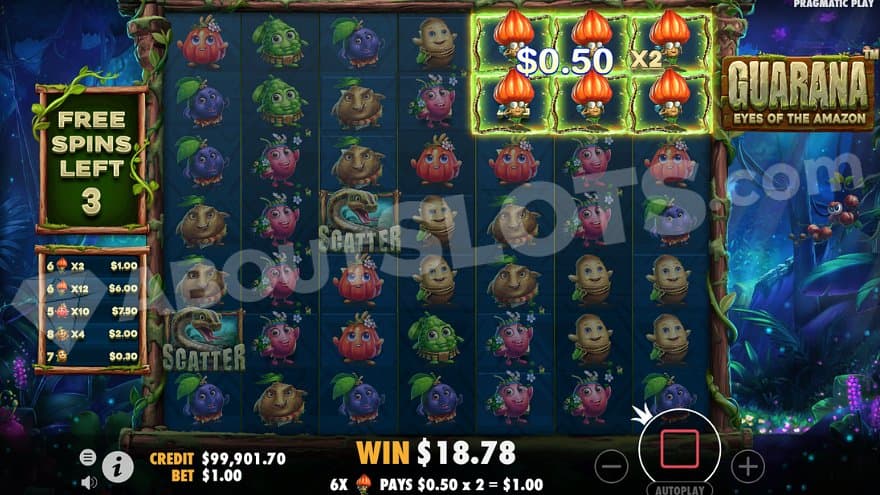 A win containing 6 mushrooms in the upper right corner in the free spins.