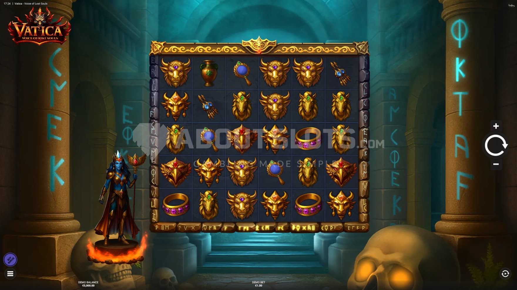 The Goddess Vatica stands next to the playing grid on a small firey platform