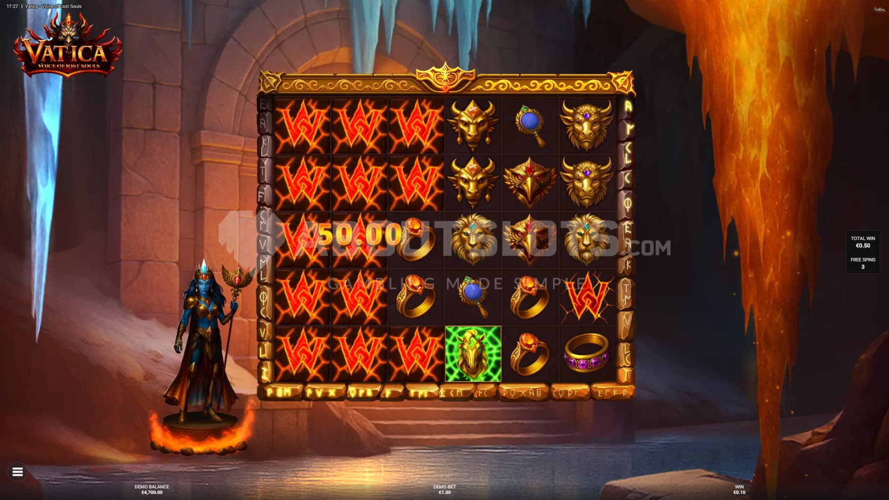 Pictured are Wild Symbols taking over the reels after a Vatica Symbol triggered the Cursed Marks on the grid