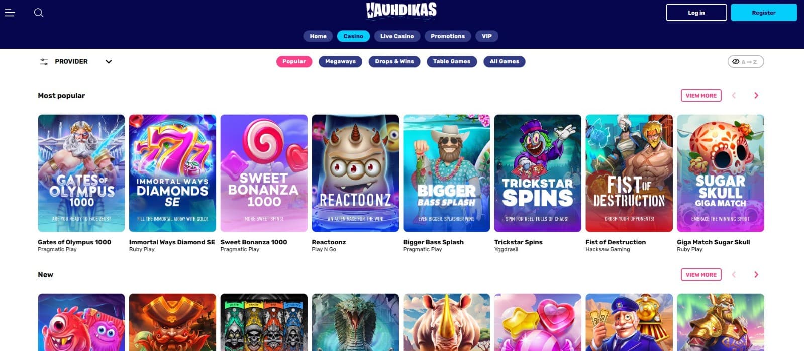 Slot games offered at Vauhdikas Casino, featuring a variety of themes.