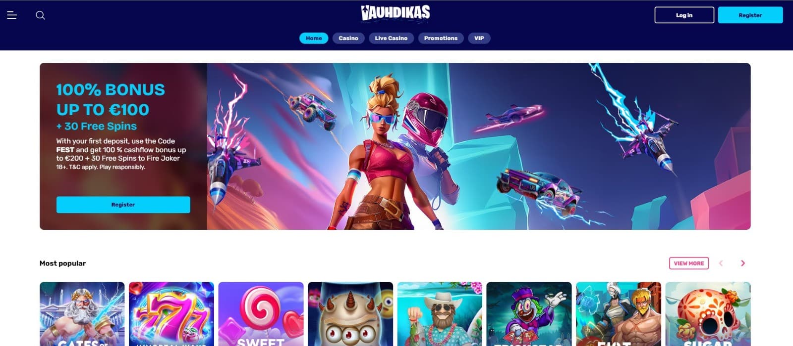 A welcome bonus offer at Vauhdikas Casino: 100% deposit match up to €100 and 30 free spins.