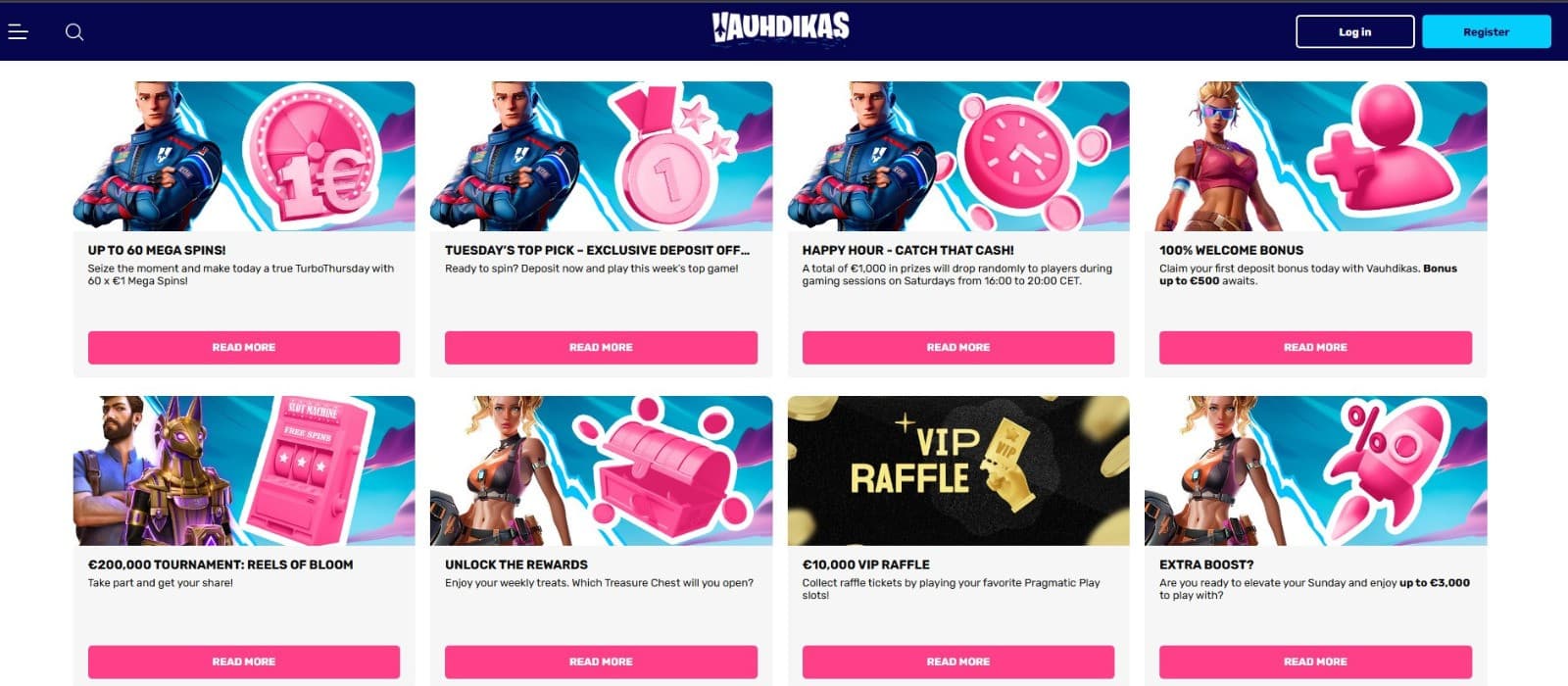 The promotions page of Vauhdikas Casino shows a rich collection of casino bonuses, such as Mega Spins, Happy Hour, and more.