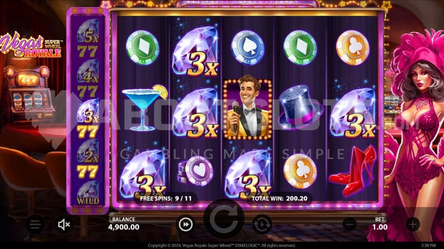 Sticky wilds and progressive multipliers bonus game with five sticky wilds on the screen.