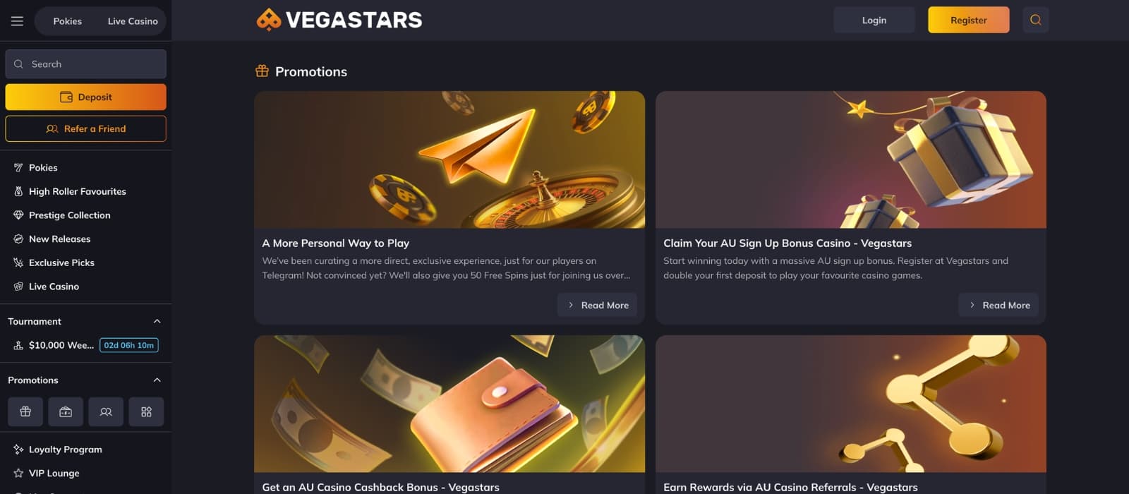VegasStars Casino bonus page displaying welcome bonuses, free spins offers, sportsbook promotions, cashback rewards, and VIP benefits in a modern casino interface.