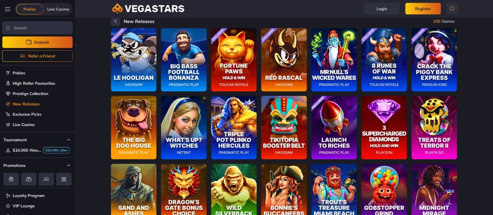 VegasStars Casino game page showcasing online slots, live casino titles, and featured games with colorful thumbnails, provider filters, search functionality, and category navigation.