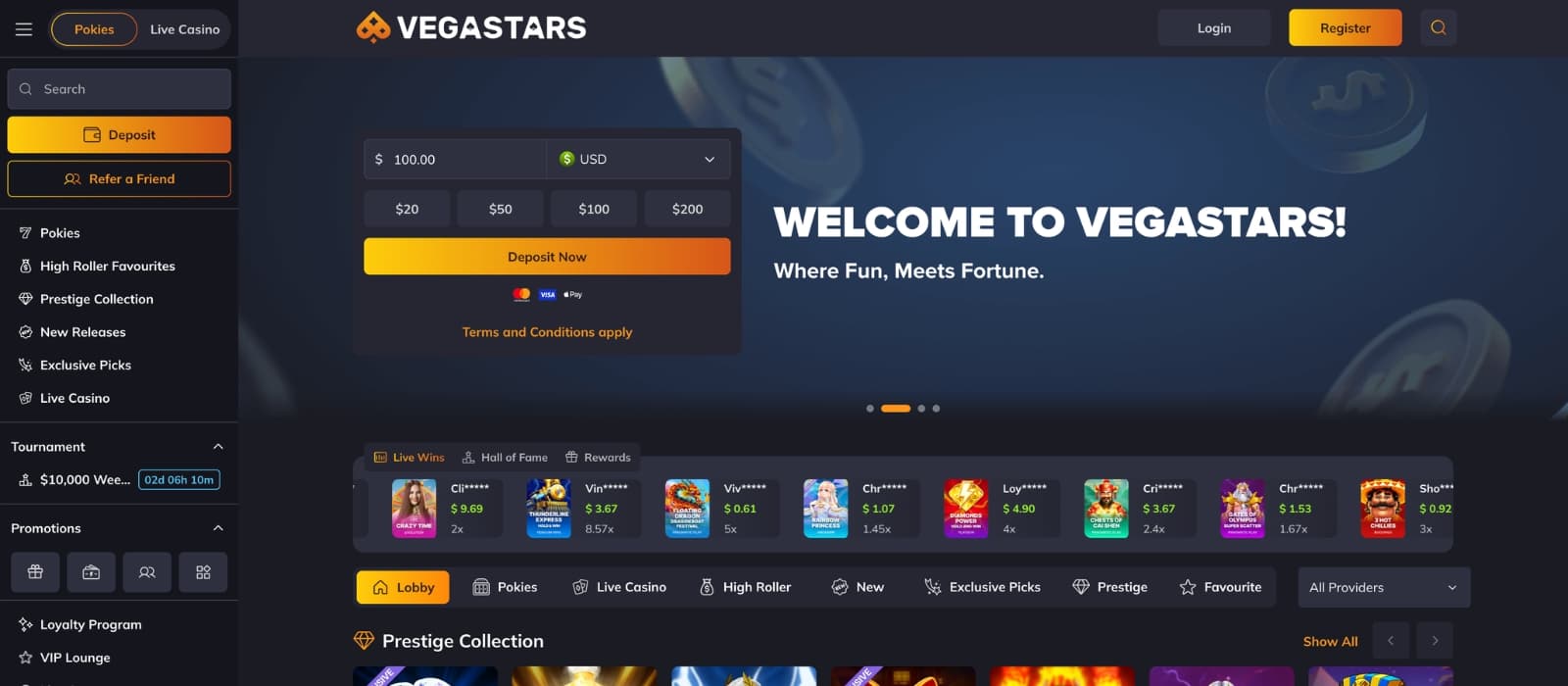 VegasStars Casino homepage featuring a Las Vegas-inspired design with promotional banners, featured slot games, jackpot highlights, and navigation for casino and sportsbook categories.