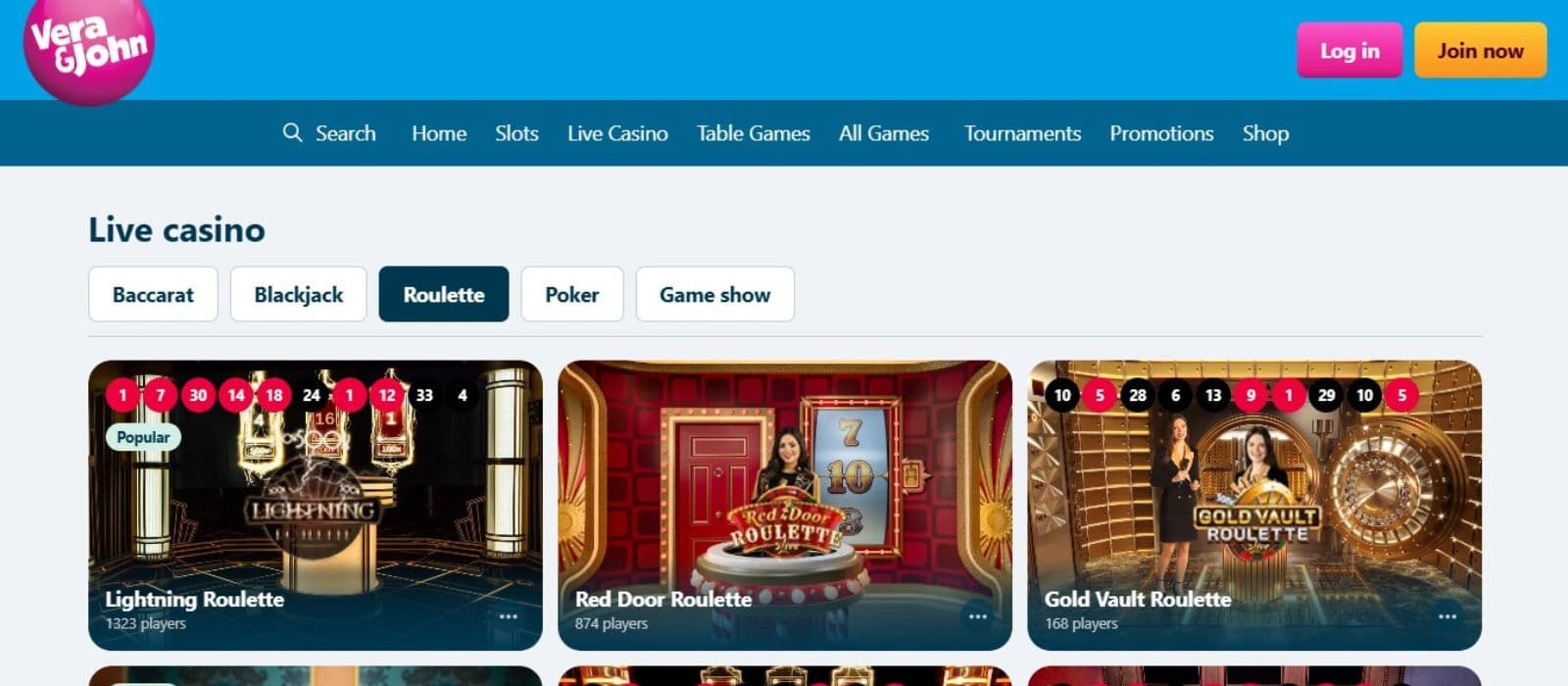 Vera & John Casino's live games section, showing variations of roulette.