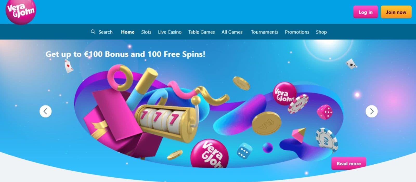 Vera & John Casino's homepage, showing the welcome bonus and a horizontal menu.
