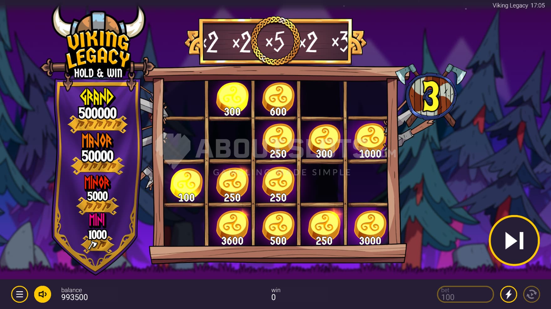 One of the bonus games triggered, this being the Violet Multiplier one, as seen on the violet backdrop and Multiplier bar above the reels
