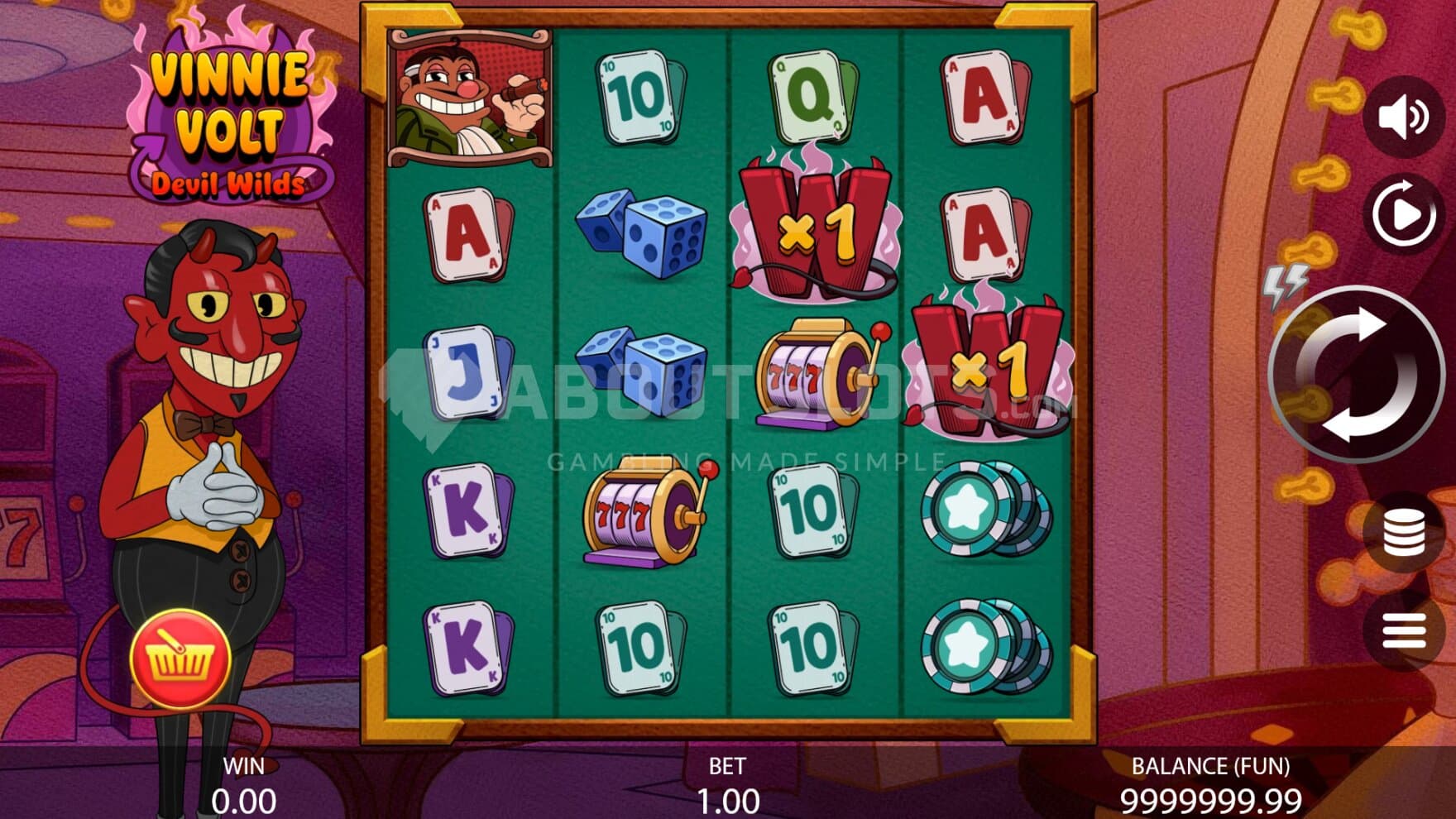 Set inside a small casino, Vinnie Volt stands next to the playing grid as we spin