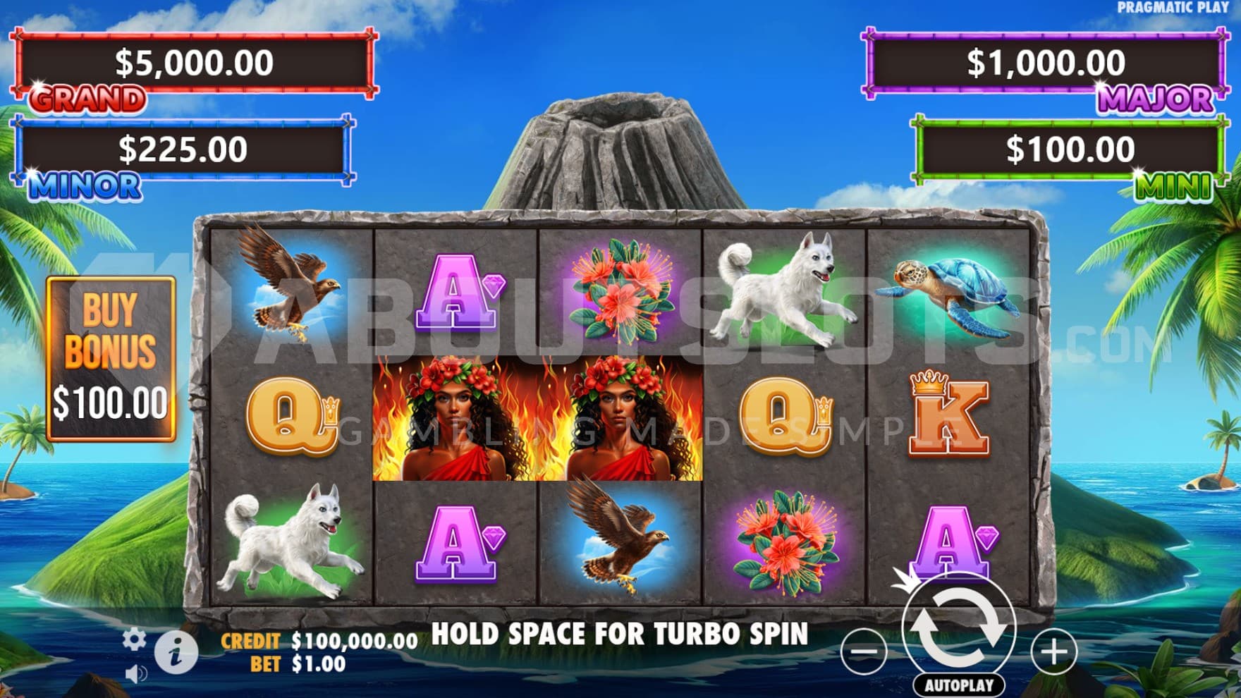 The base game playing grid set on a small island with various animals and Pele on the reels