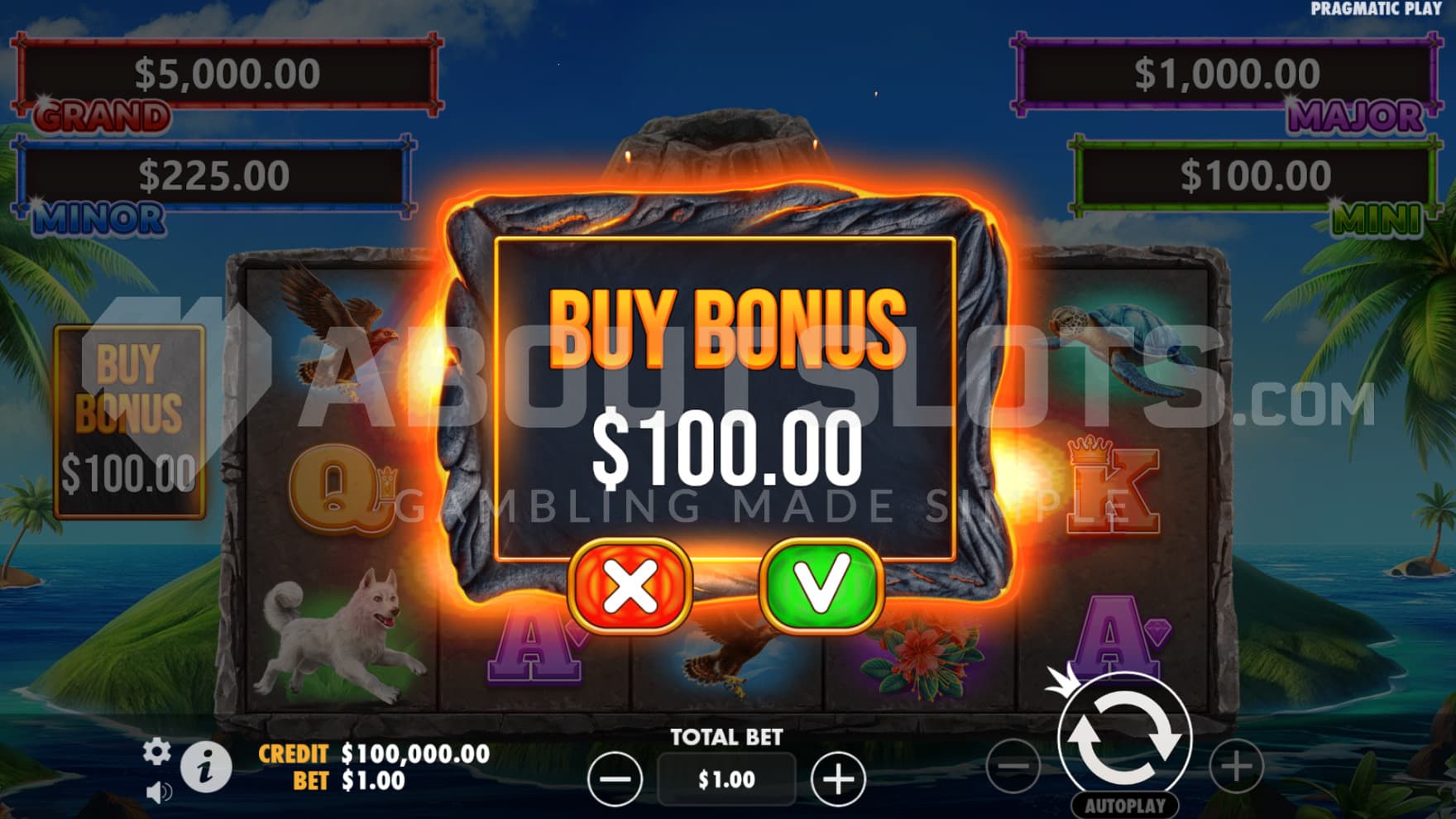 A feature buy sign sits infront of the playing grid