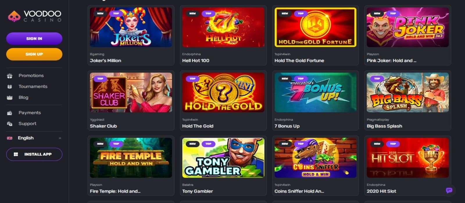 Voodoo Casino games oage with the colorful slot game icons and side navigational menus