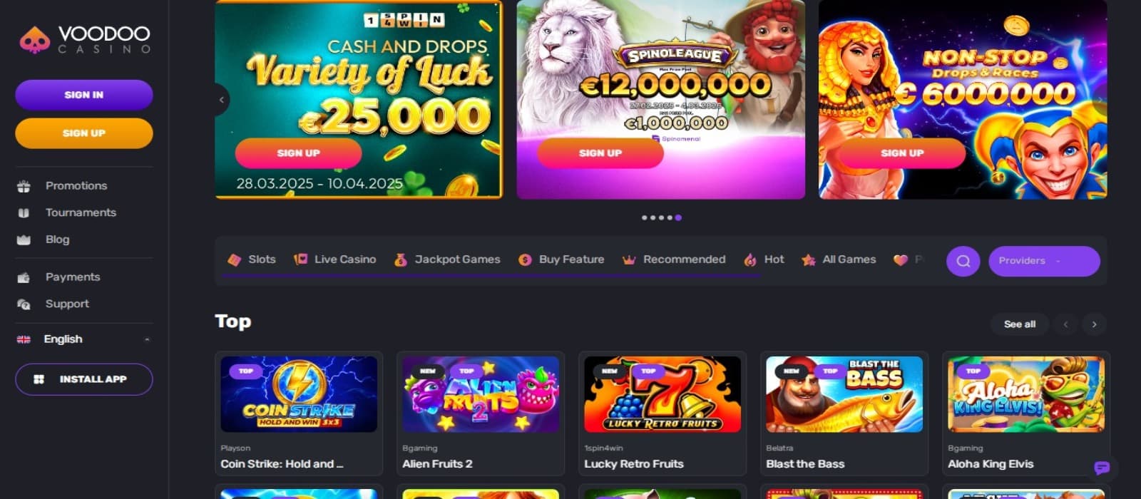 Voodoo Casino landing page with the tournament banners, slot game icons and side navigational menus