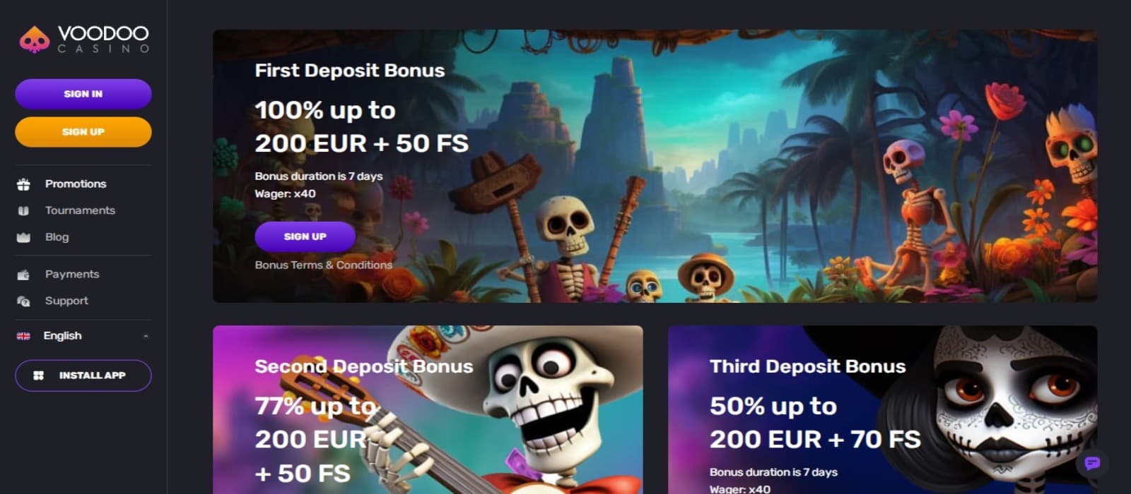 Voodoo Casino promotions page with the welcome bonus offer banners and side navigational menus