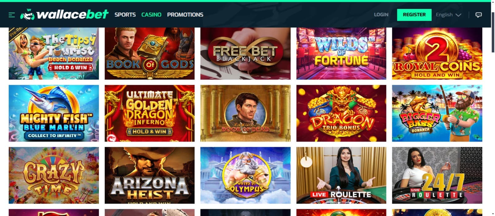 Wallacebet casino showing the colorful icons of various slot games and the top navigational menus