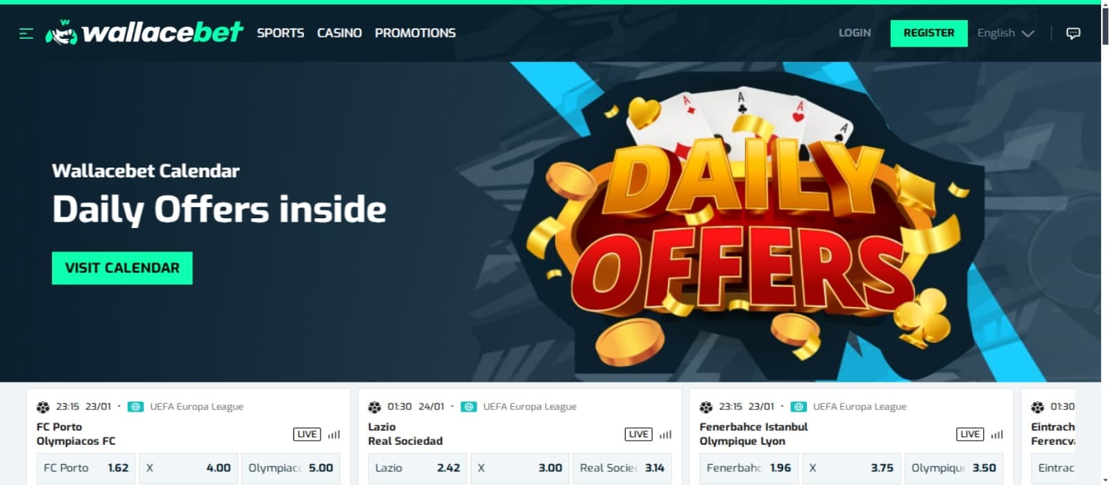 Wallacebet casino landing page with the daily offer banner and game results