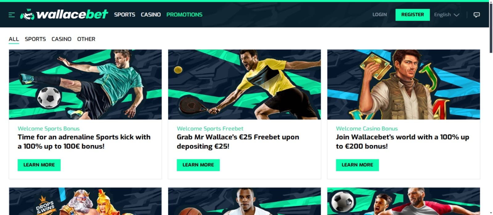 WallaceBet casino promotions page showing the colorful promotions of welcome bonus and other sports promotions banners