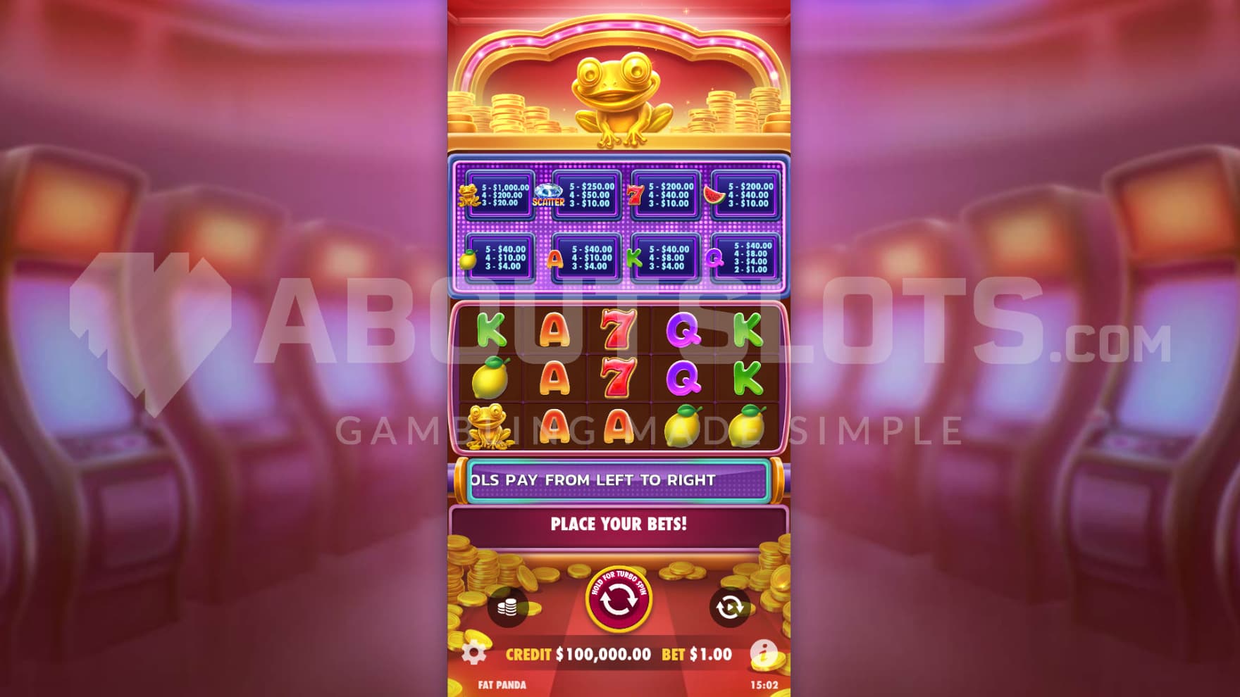 The golden frog sits ontop of the reels, looking at the spins