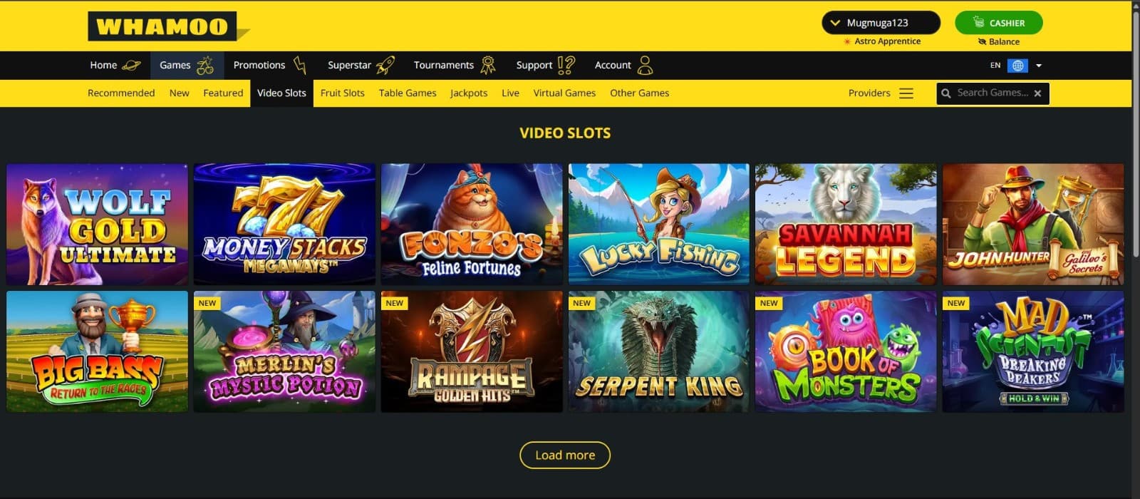 Exciting selection of online slot games available to play at Whamoo Casino.