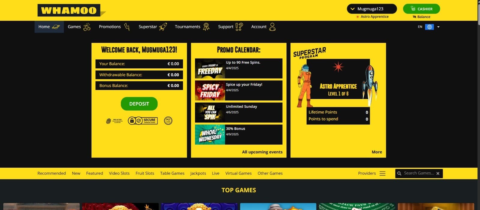 The landing page of Whamoo Casino presents the promo calendar.