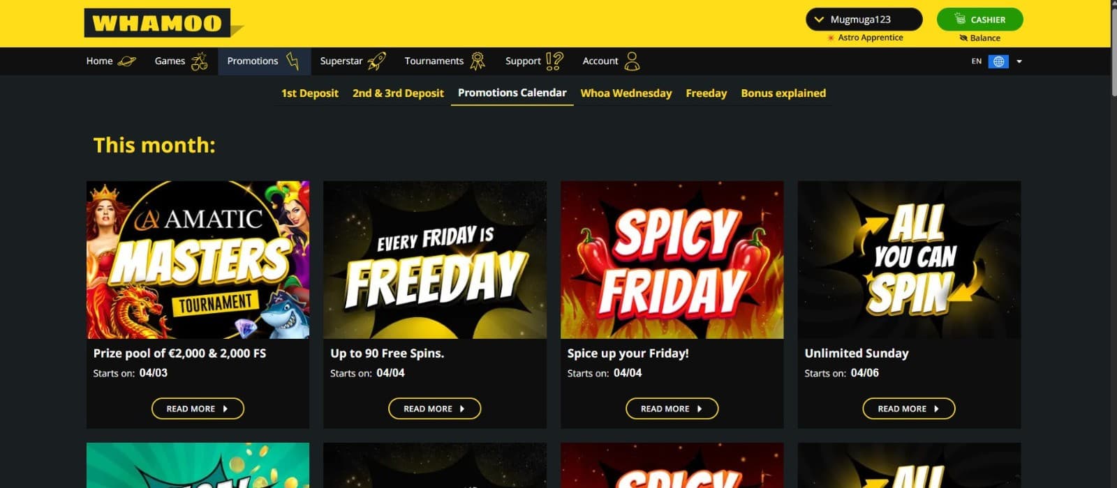 The promotions page of Whamoo Casino displays a wide range of casino bonuses, such as up to 90 Free spins every Friday.