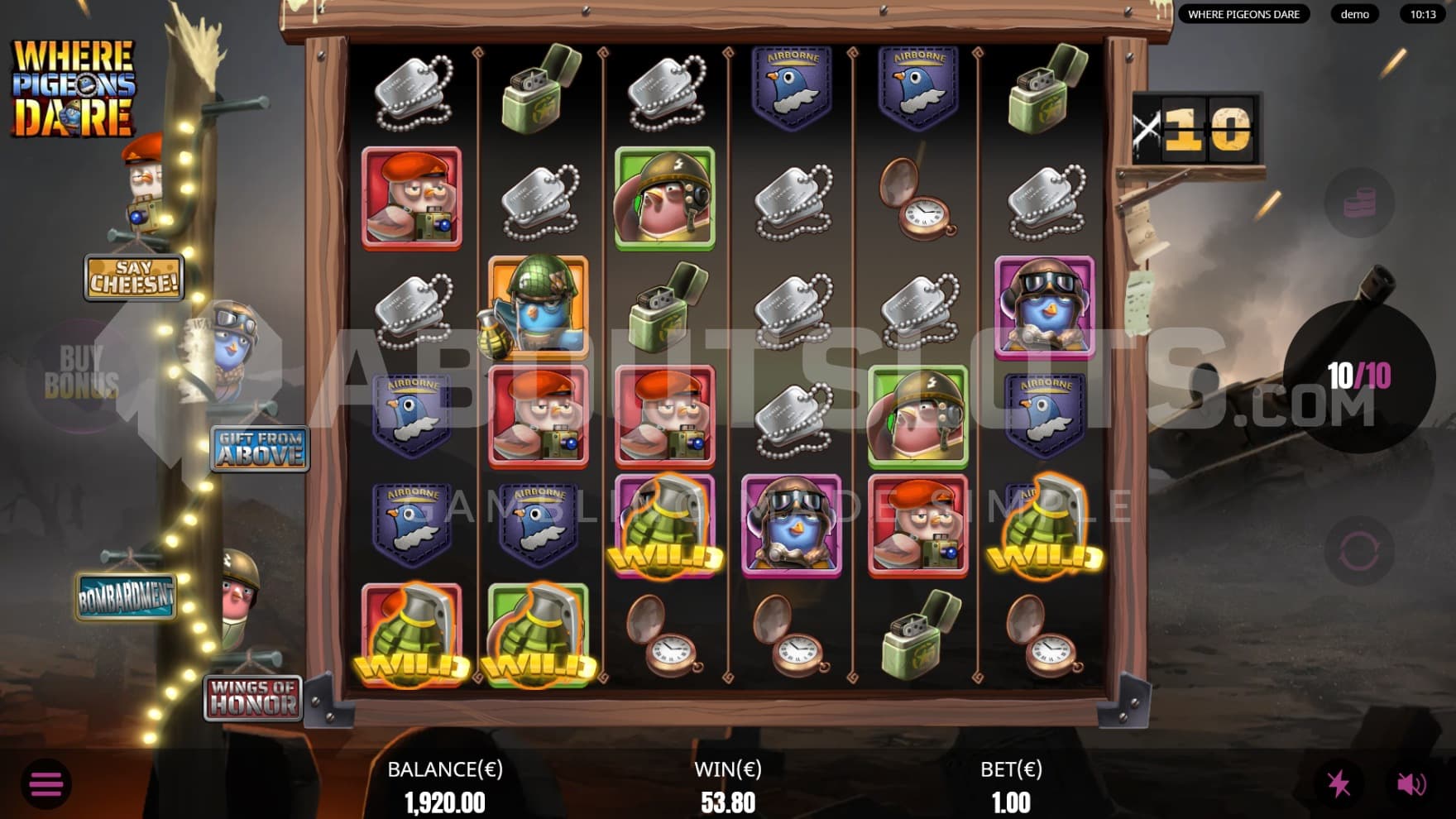 Find yourself in trench warfare during the free spins, where the pigeon modifiers trigger on every spin