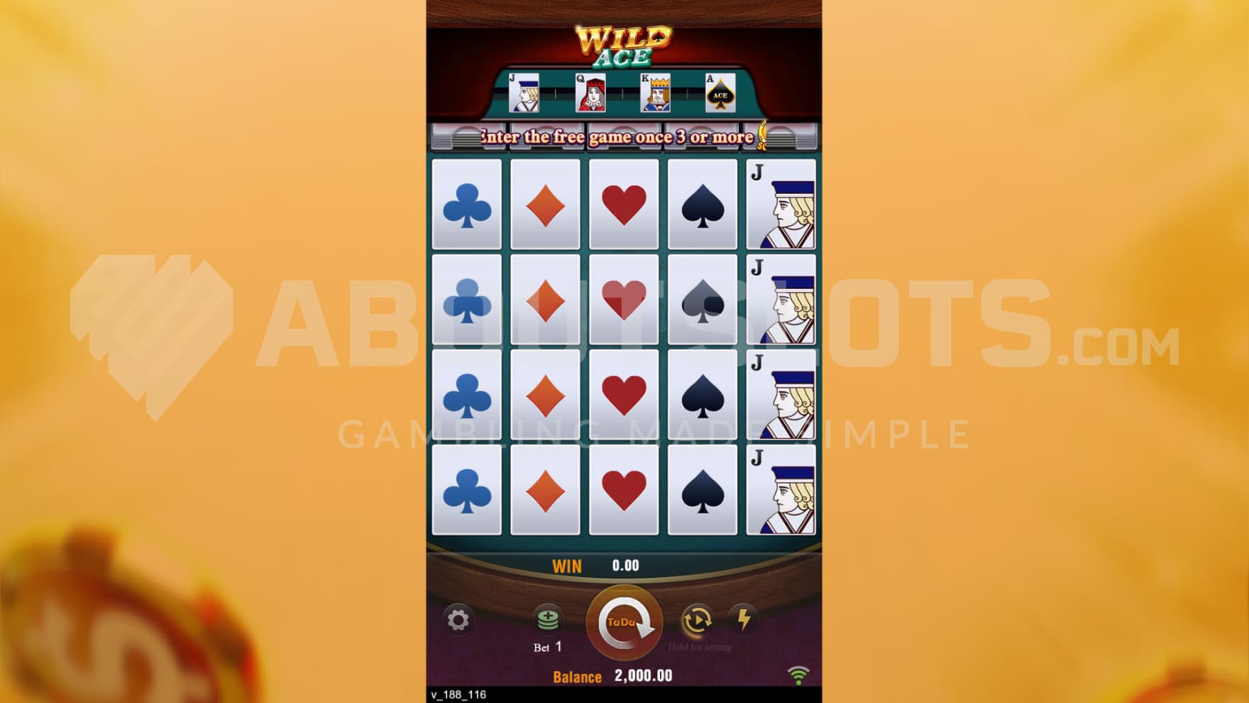 Various Card Suites and the Jack royal card sit on the reels