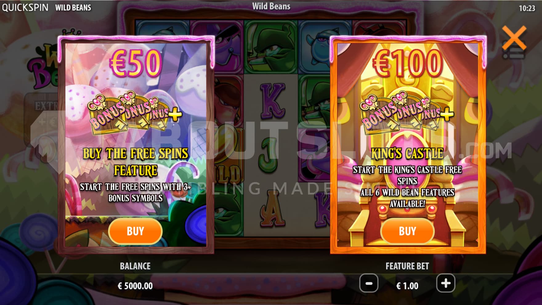 Two feature buy options sit infront of the playing grid