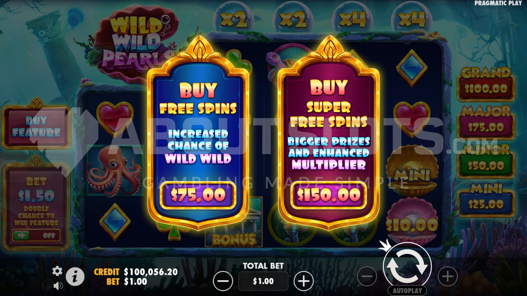 Two signs sit infront of the screen showing of the 2 Feature Buy options