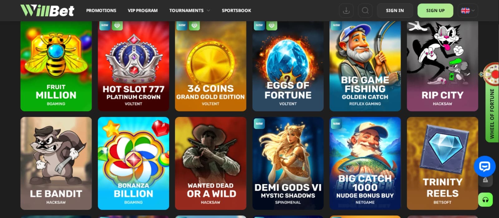 WillBet Casino games page with the colorful slot game icons, and top casino navigation menus