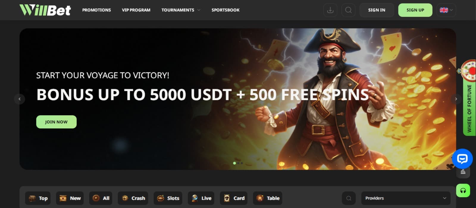 WillBet Casino landing page with the welcome bonus offer banner of 5000 USDT displaying an image of Pirate's Quest slot game, game categories below and top casino navigation menus