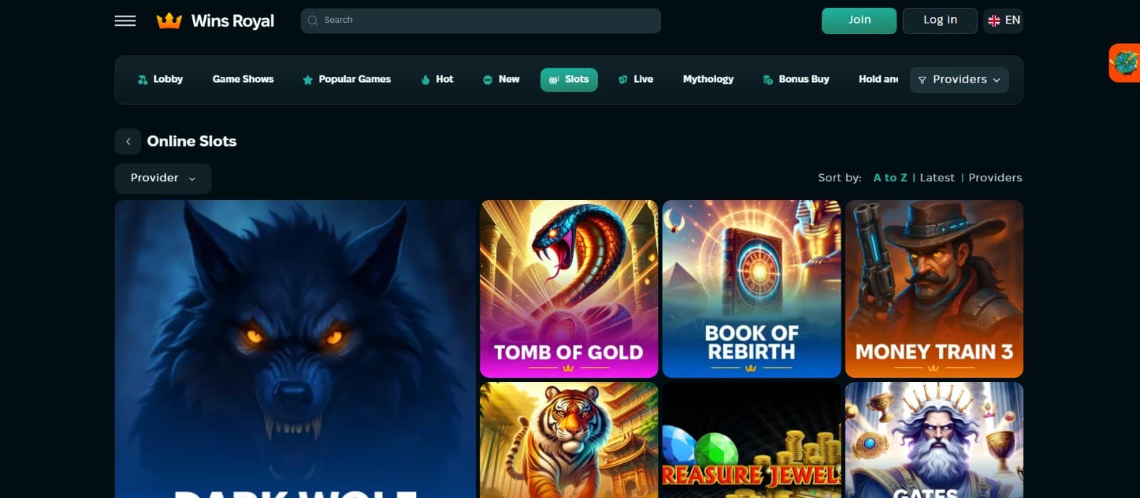 The games page of Wins Royal Casino presents the most popular slot games, such as Tomb of Gold, Book of Rebirth, and more.