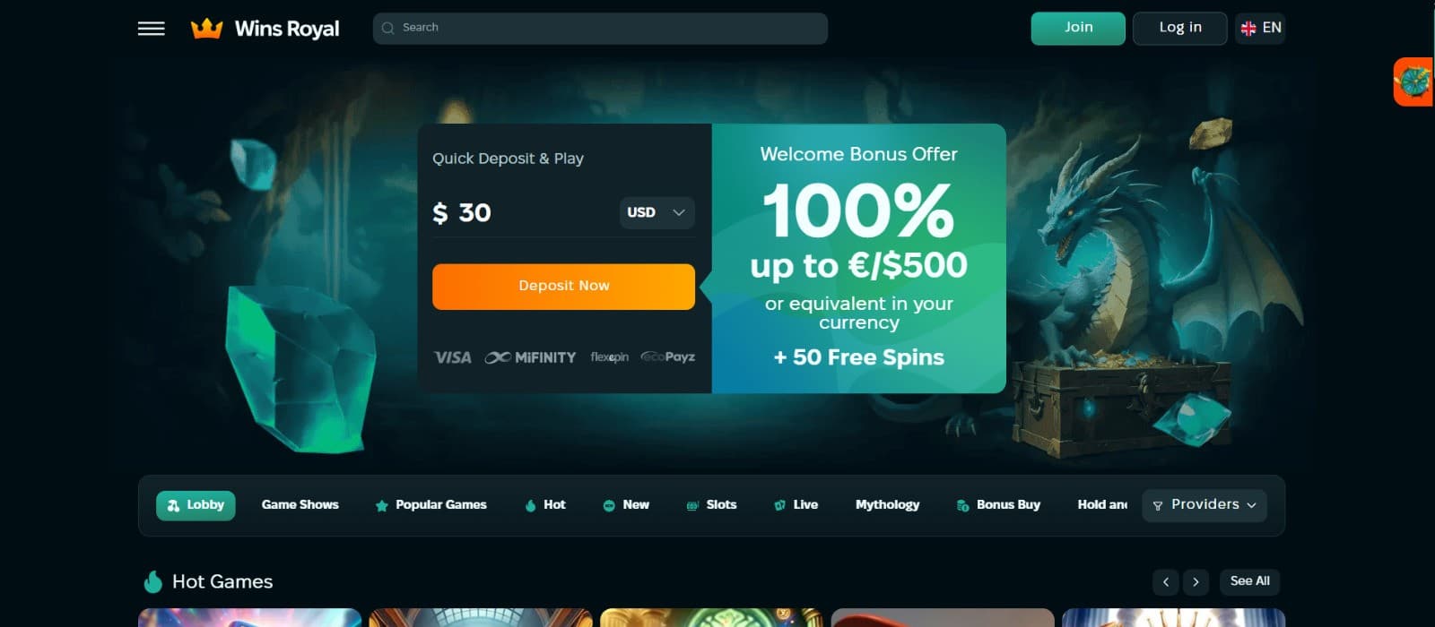 The landing page of Wins Royal Casino showcases the first deposit bonus of up to 500 euros.