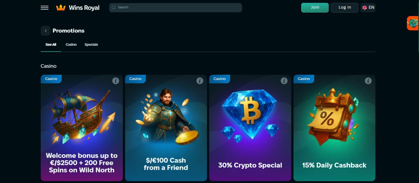 The promotions page of Wins Royal Casino displays a range of casino bonuses, such as the welcome bonus, crypto special, and more.