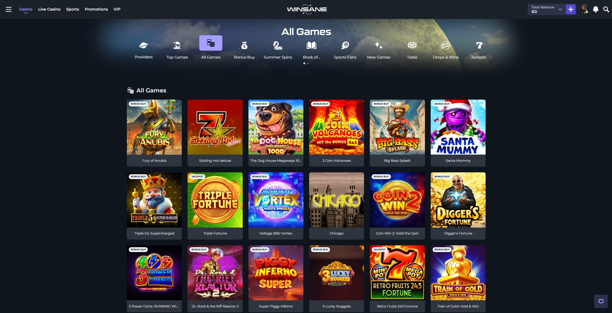 Winsane Games Page showing a selection of slot games