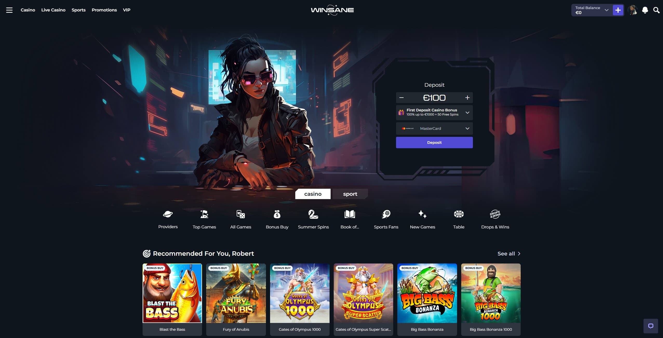 Winsane Landing Page showing recommended games and different game categories