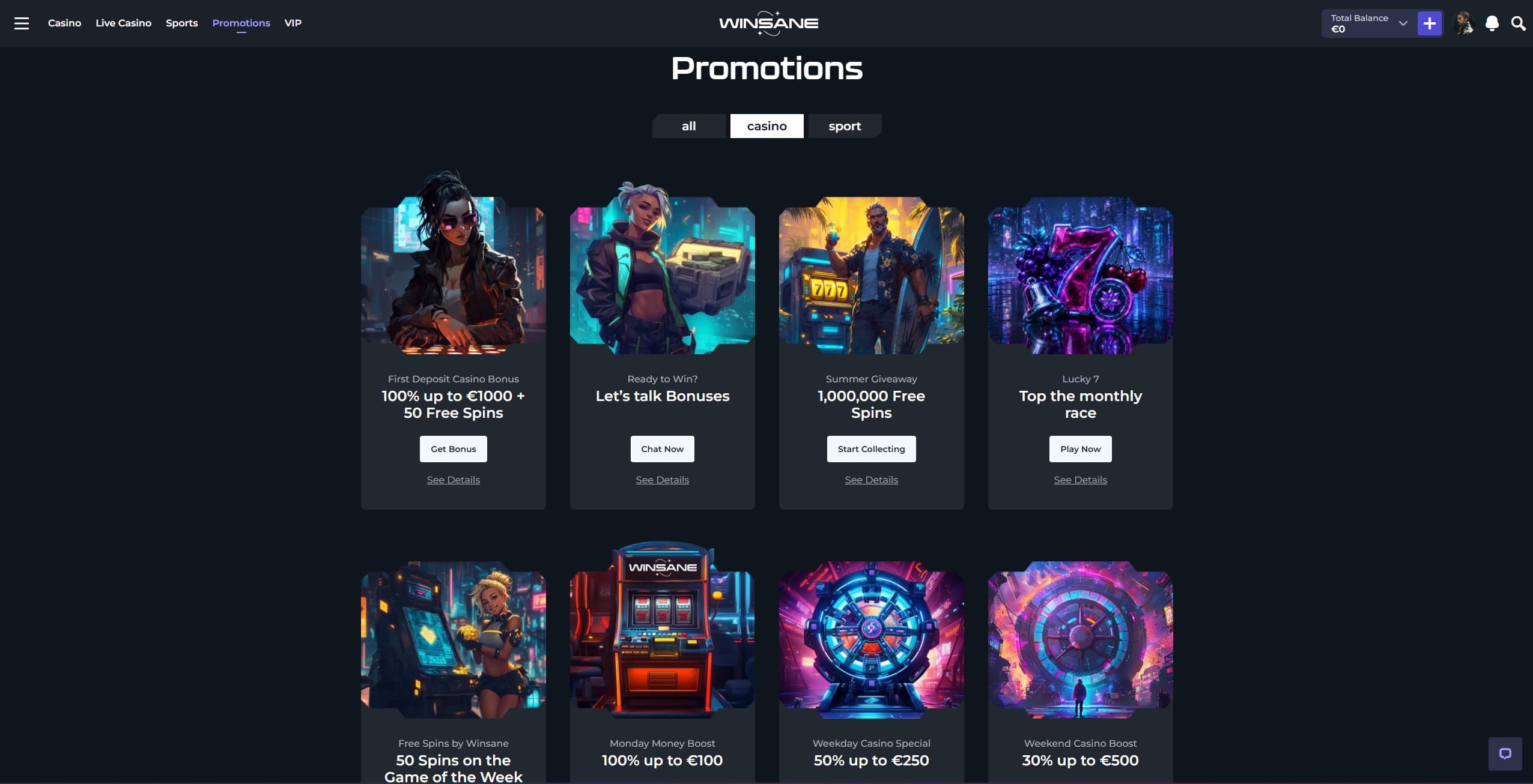 Winsane Promotions Page showing the welcome bonus and other bonus offers