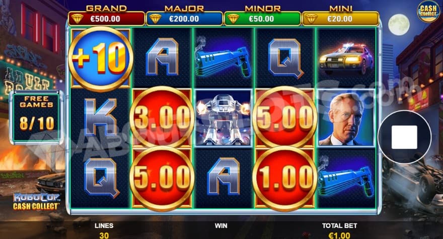 Free Spins feature with a +10 symbol on the first reel.