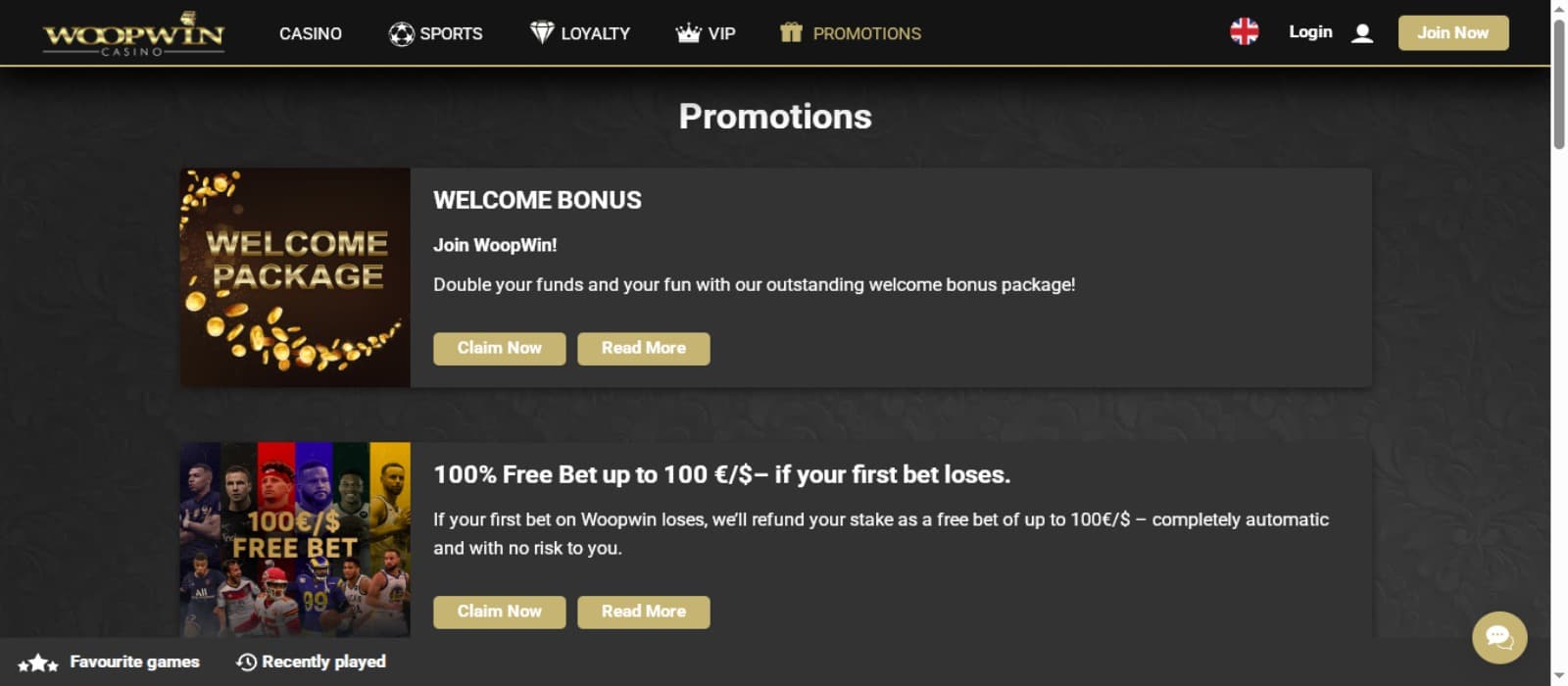 WoopWin Casino promotions page with the welcome bnus offer and description along with sports betting bonus offer description