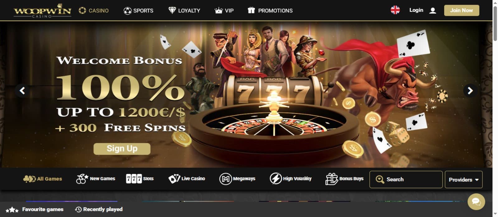 WoopWin Casino landing page with the welcome bonus offer banner, luxury riches theme and top navigation menus with game categories below