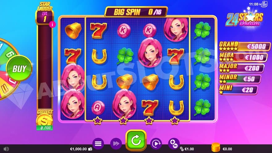 A casino slot with blue and pink background.
