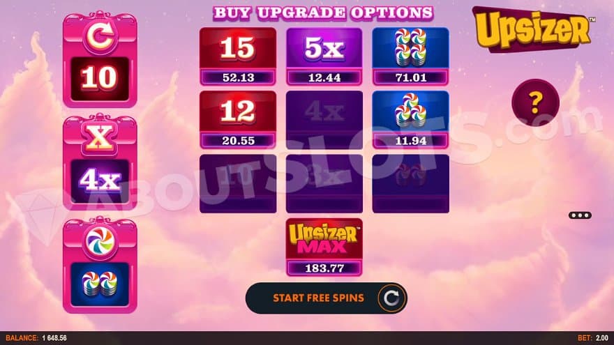 A menu offering upgrades of number of spins, multiplier, and the density of bonus symbols.